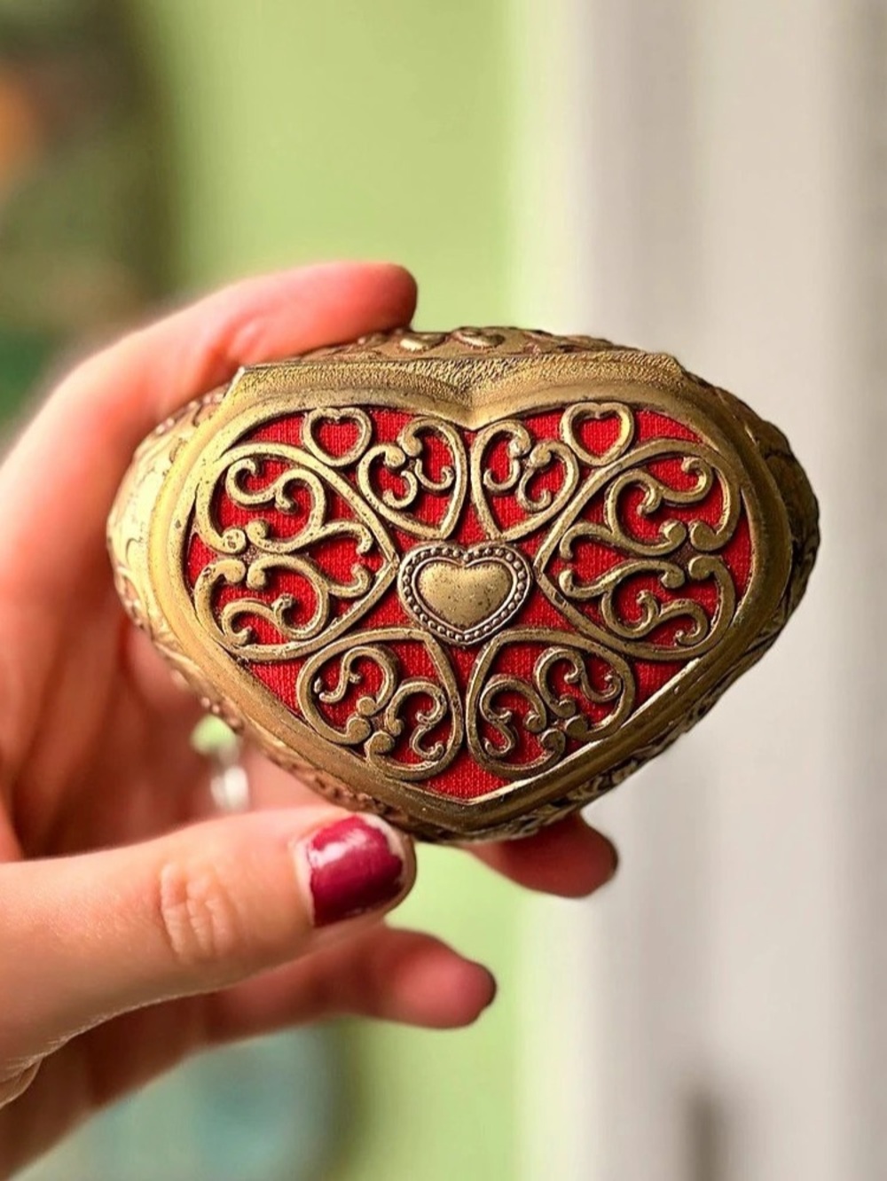 Footed Heart-Shaped Ornate Vintage Trinket Box Gold Red Charming + Unique